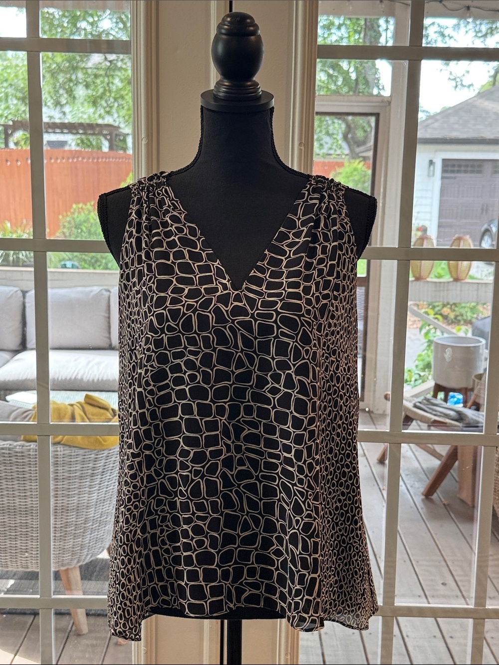 Proenza Schouler Black and Cream Printed Silk V-Neck Sleeveless Top